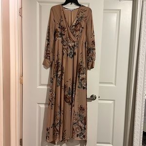 Tan and taupe floral maxi faux wrap/tie dress - Baltic Born